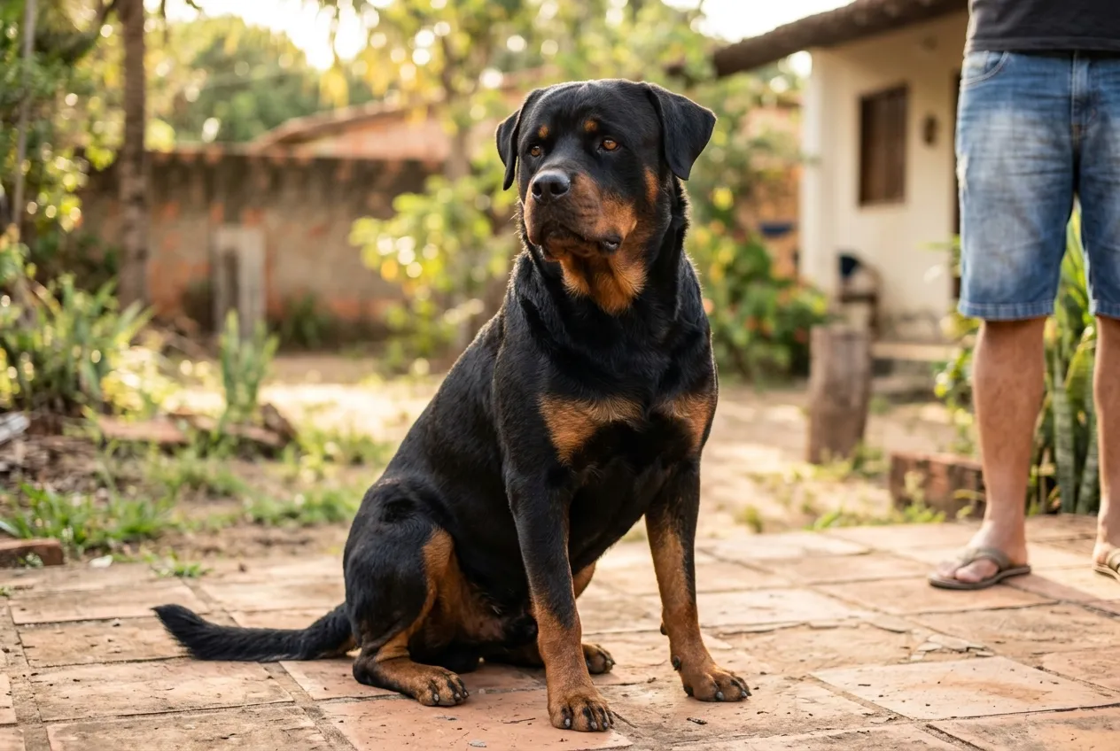Large Rottweiler sitting calmly on a sunny lawn next to their out-of-focus owner.
