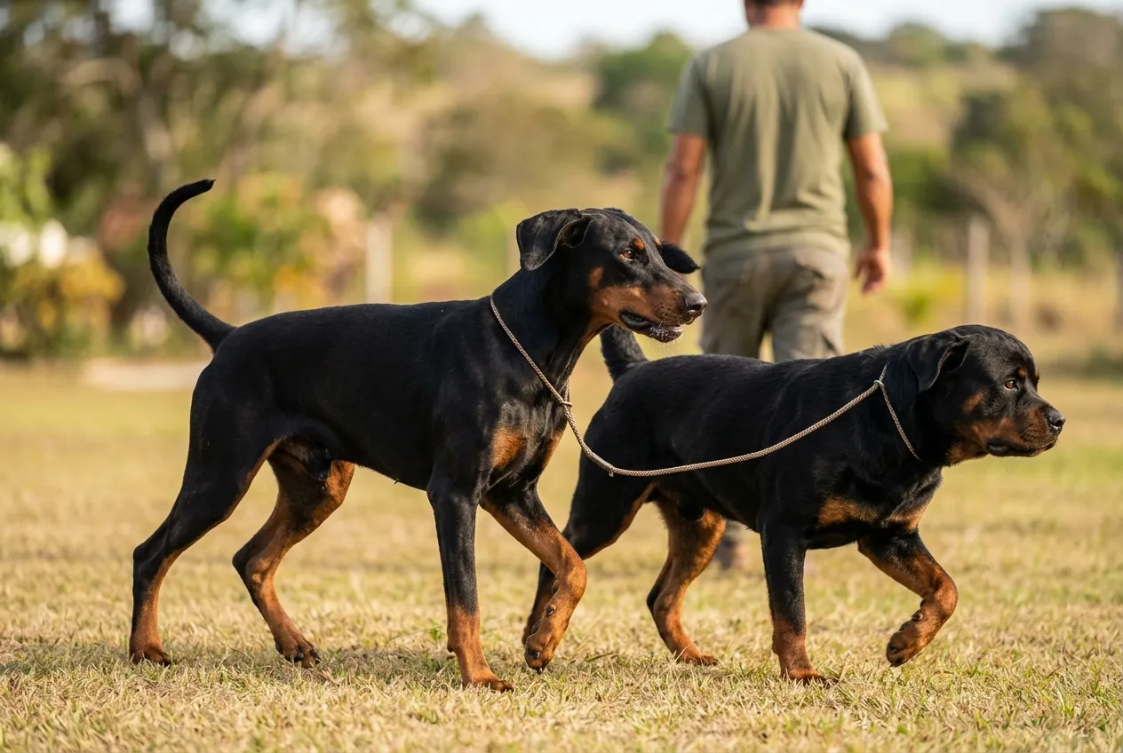 A Rottweiler and a natural-eared Doberman walk together on a sunny lawn with an owner in the background.