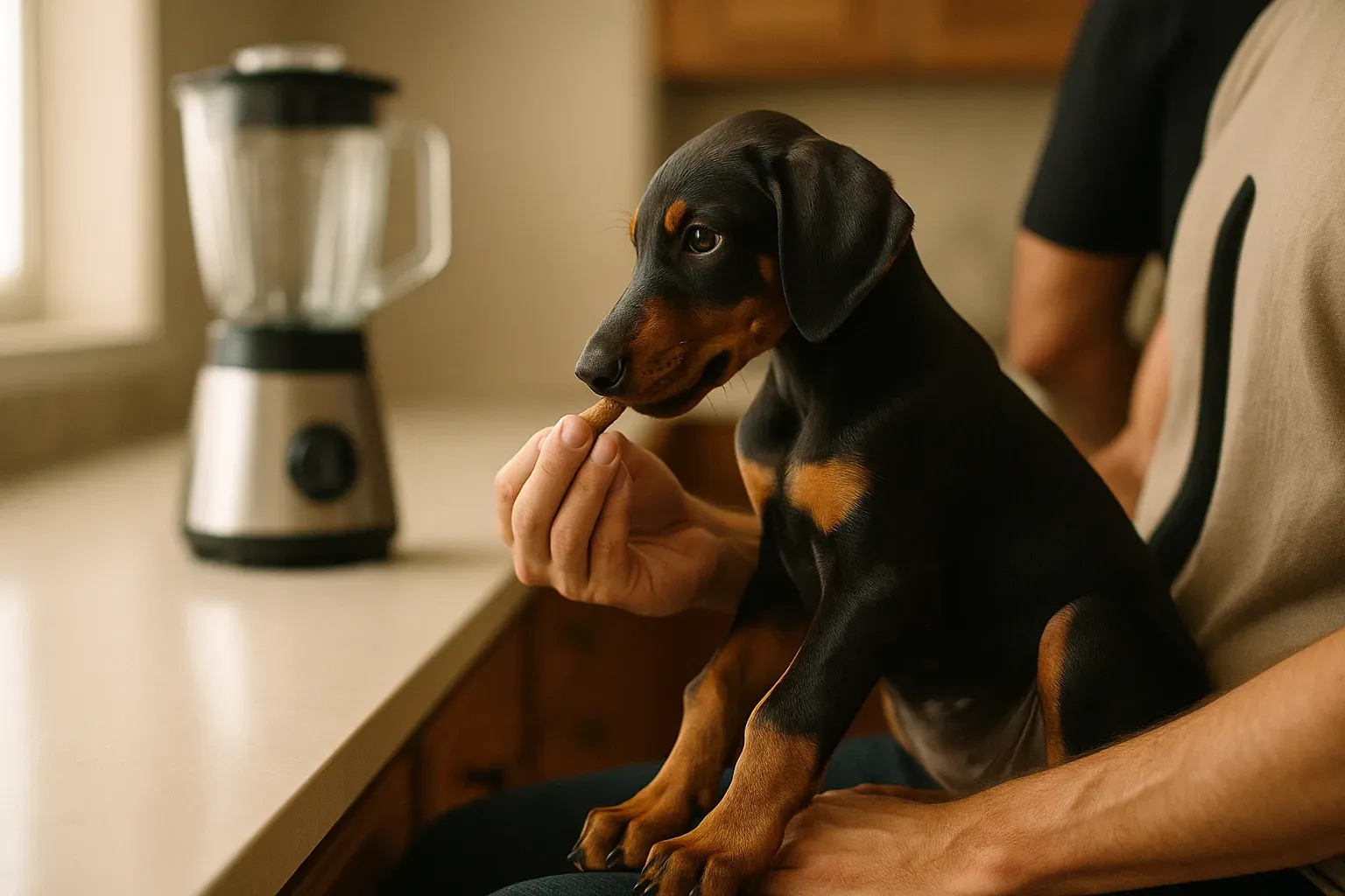 Doberman puppy with natural ears held by a person in the kitchen, looking towards a blender.
