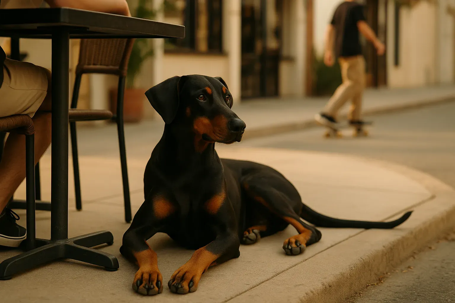 Adult Doberman with natural ears lying under an outdoor table while a person skateboards in the background.