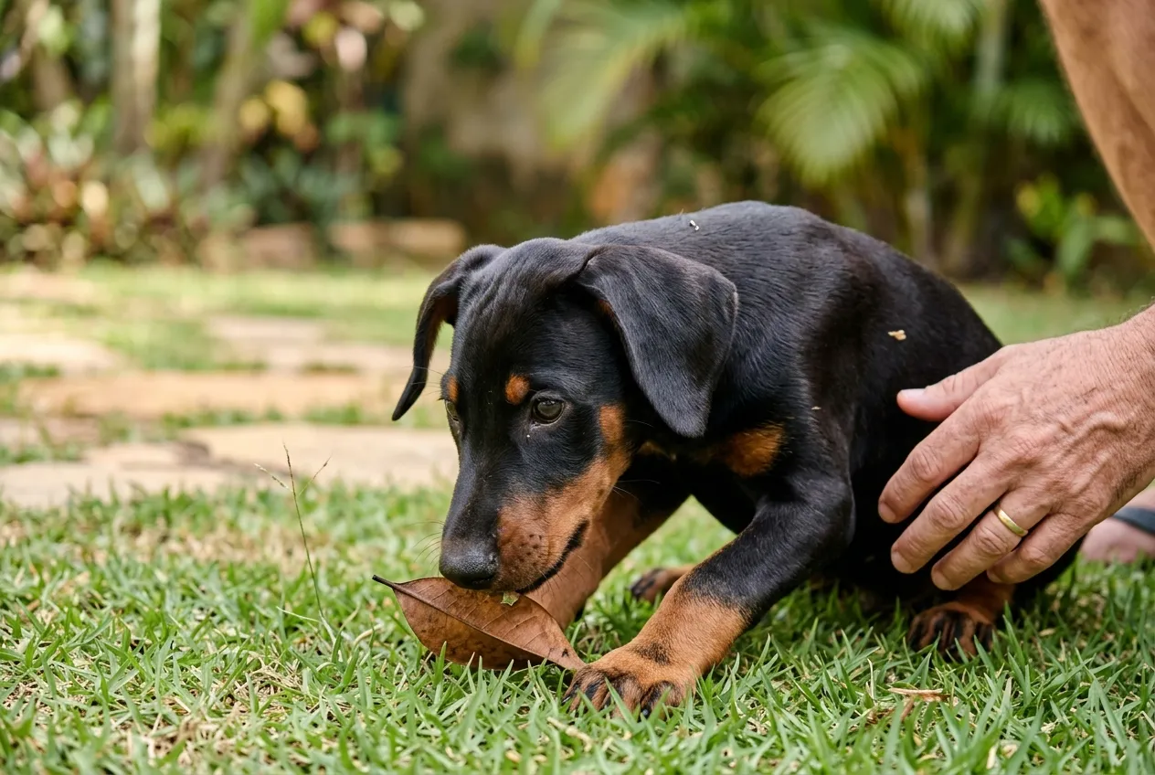 Filhote de Doberman de orelhas naturais explora a grama no quintal enquanto uma mão humana se aproxima.