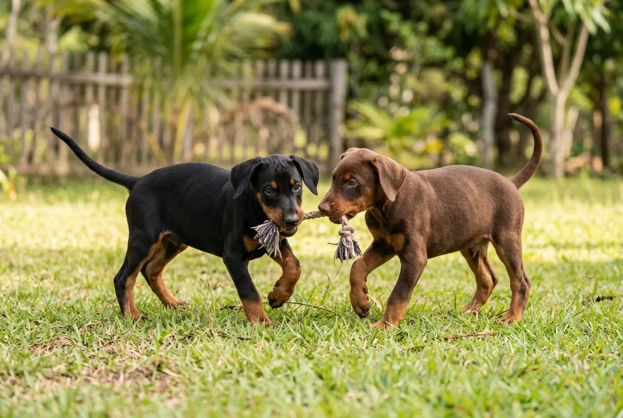 Dois filhotes de Doberman com orelhas naturais, um preto e outro marrom, brincando no gramado ensolarado.