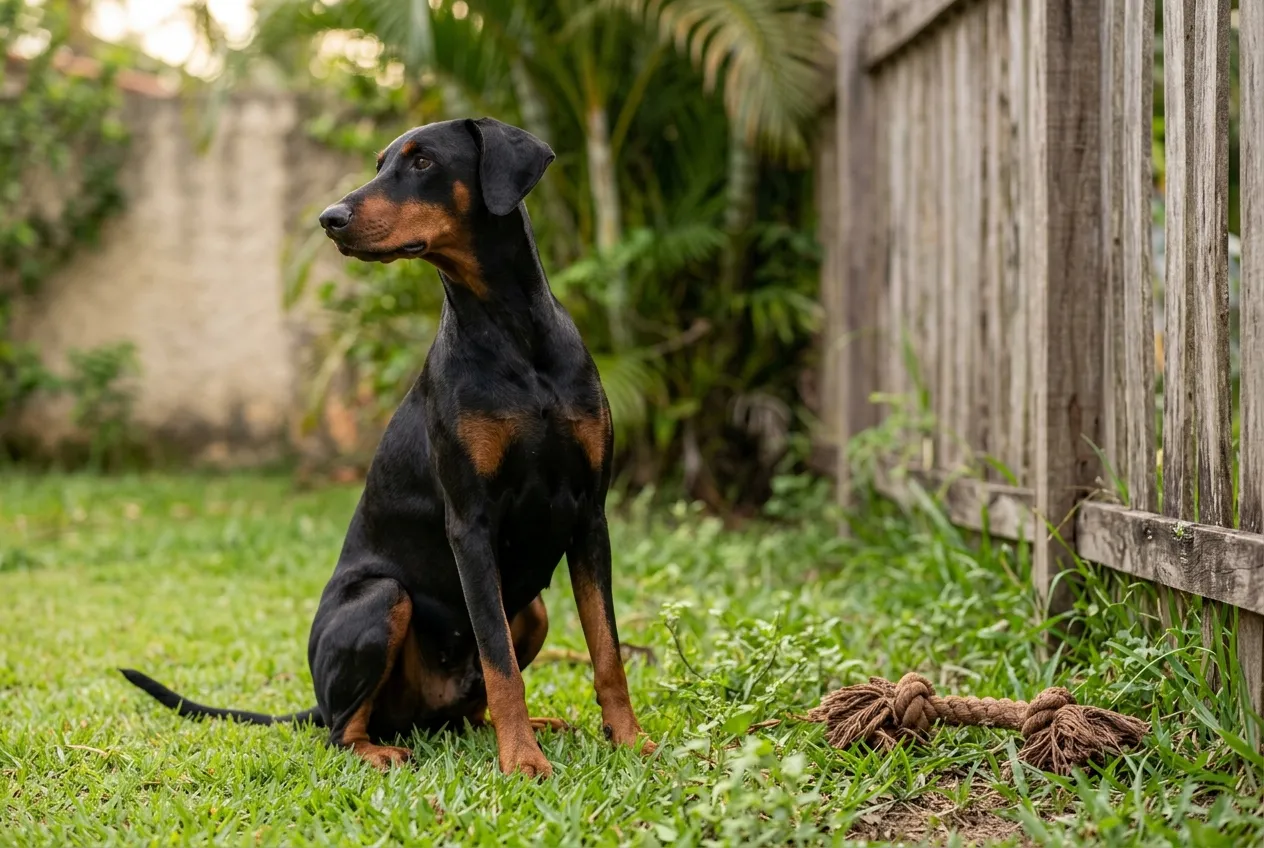 Doberman de orelhas naturais sentado sozinho em um quintal gramado ao lado de uma cerca de madeira.